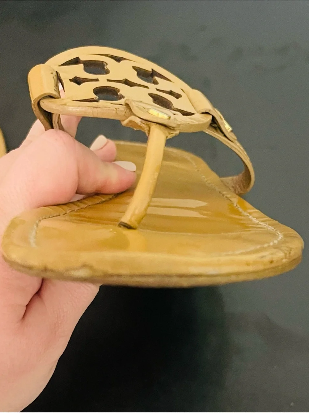 Tory Burch Camel Leather Logo Thong Sandals